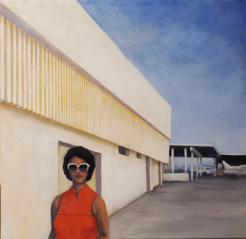 painting of a woman walking away from a tarmac