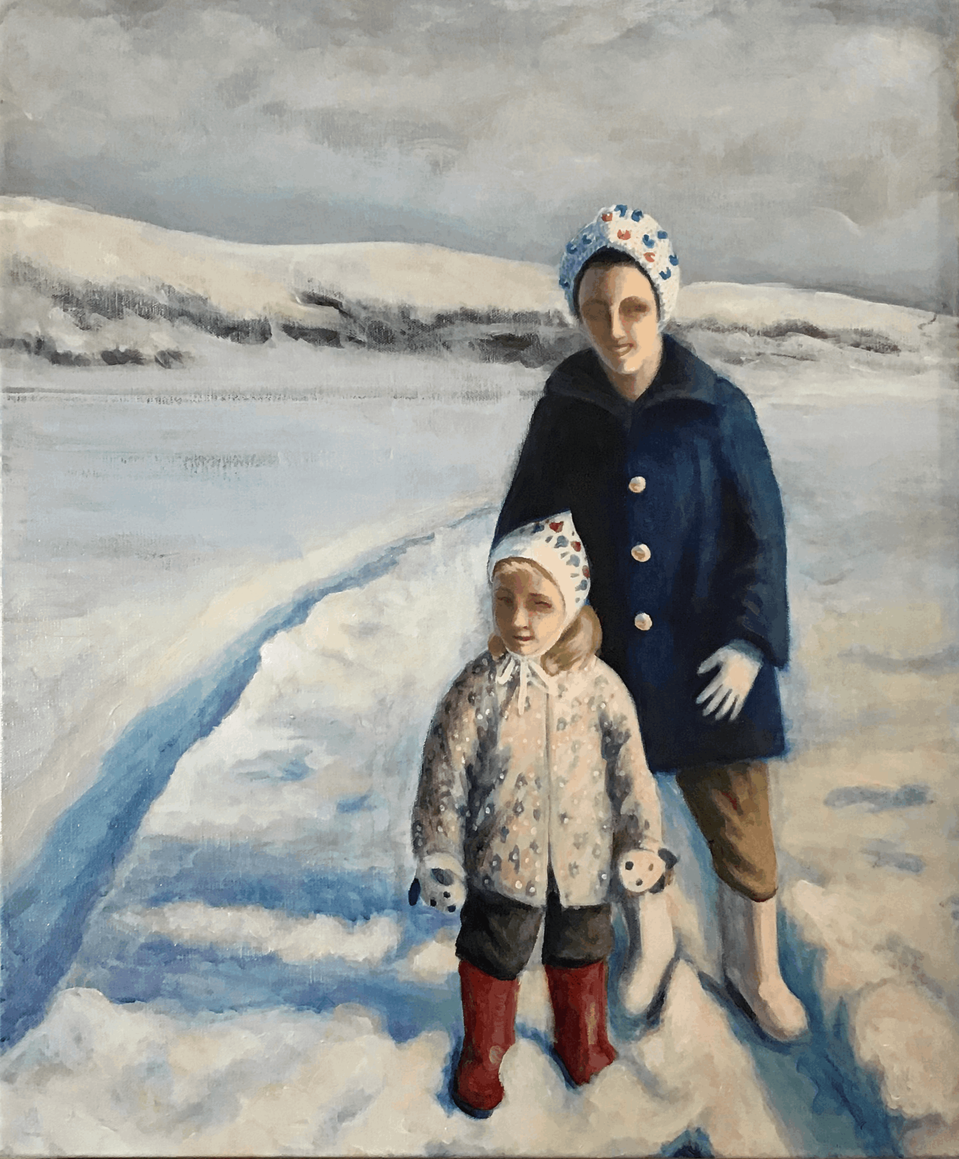painting of a girl and woman in the snow